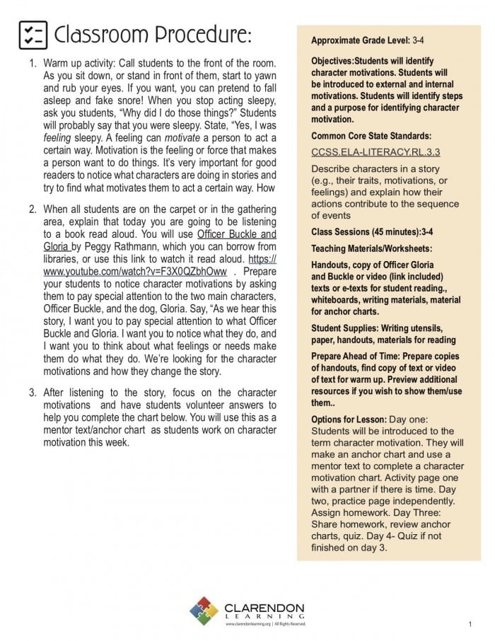 Fifth grade student worksheet for identifying character motivation using sentence frames and a word bank