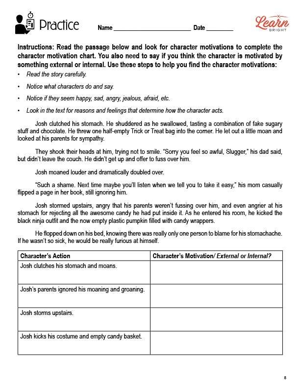 Fifth grade reading worksheet for identifying character motivations with word bank exercises