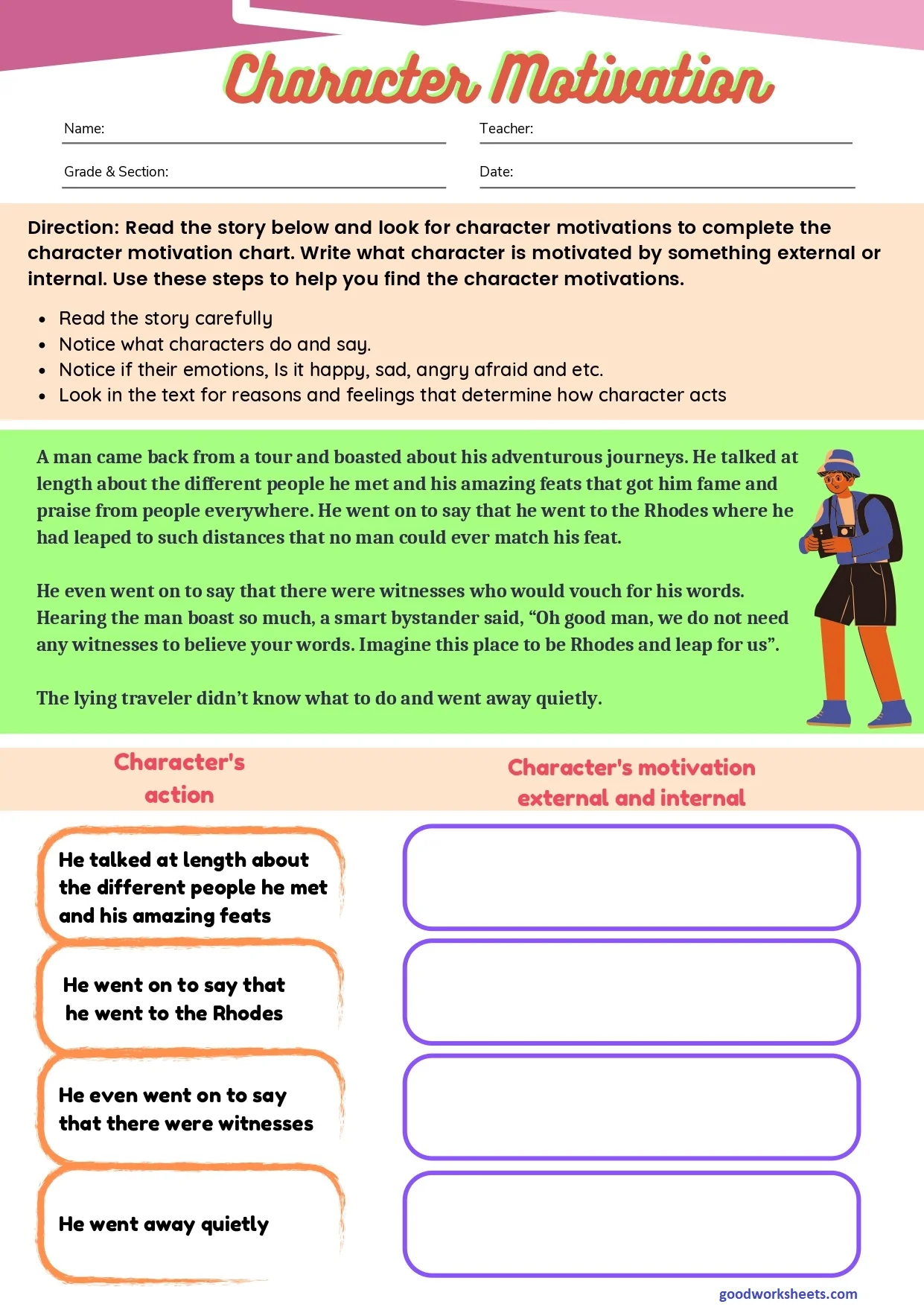 Fifth grade student filling out a character motivation worksheet using a word bank and sentence frames