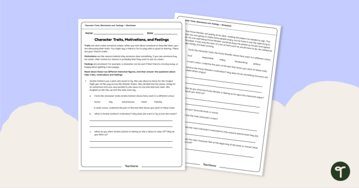 Fifth grade worksheet showing sentence frames and word bank for analyzing character motivation in stories