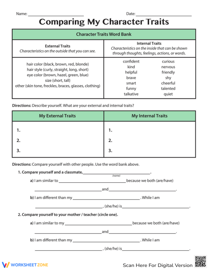 Fifth grade student worksheet for reading and comparing character traits