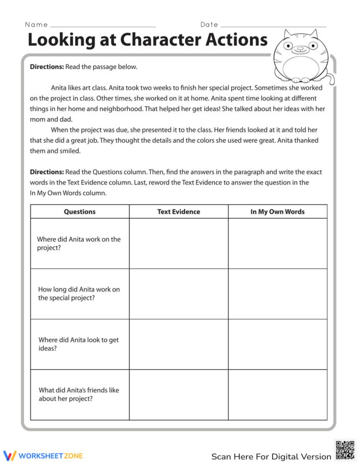 Character Traits Analysis Through Dialogue and Actions Practice Sheet 4 Fourth grade worksheet showing examples of character dialogue and actions used to identify personality traits in stories