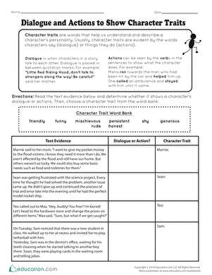 Dialogue and Actions to Show Character Traits Learning Activity for Elementary Students A fourth grade worksheet showing examples of character dialogue and actions used to identify personality traits in stories