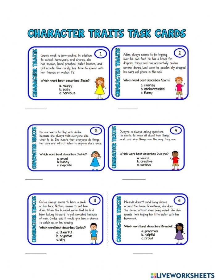 Dialogue and Actions Character Traits Practice Worksheet for Fourth Grade Fourth grade worksheet showing a reading exercise where students identify character traits through dialogue and actions