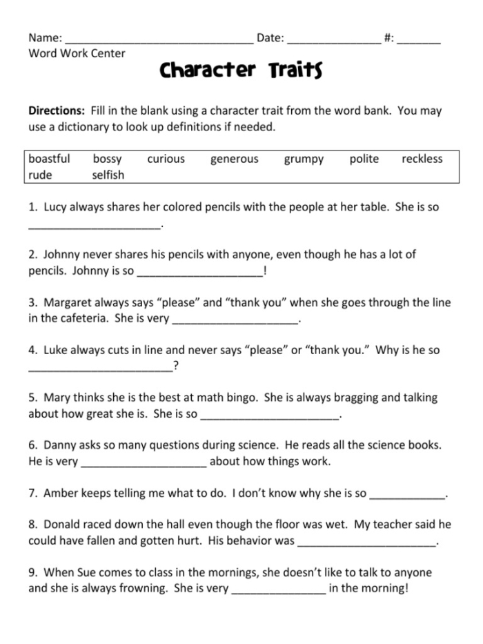 Dialogue and Actions to Show Character Traits Worksheet Seven Fourth grade worksheet illustrating how dialogue and character actions reveal personality traits