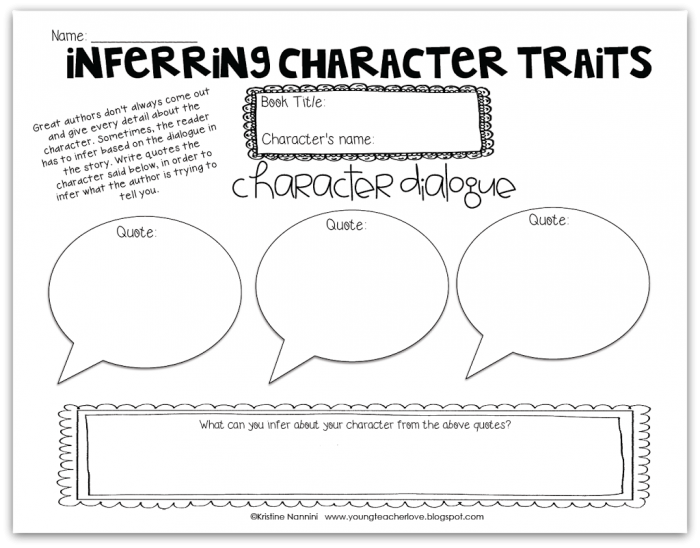Reading comprehension activity for analyzing character personality and behavior in 4th grade writing Fourth grade worksheet featuring writing exercises for identifying character traits through dialogue and actions