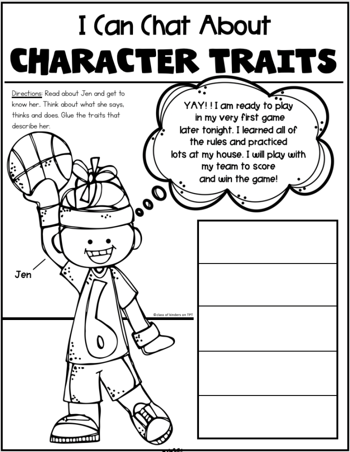 Visual guide for analyzing character traits using a word bank in the classroom Worksheet featuring character traits from "The Princess and the Pea" for second graders