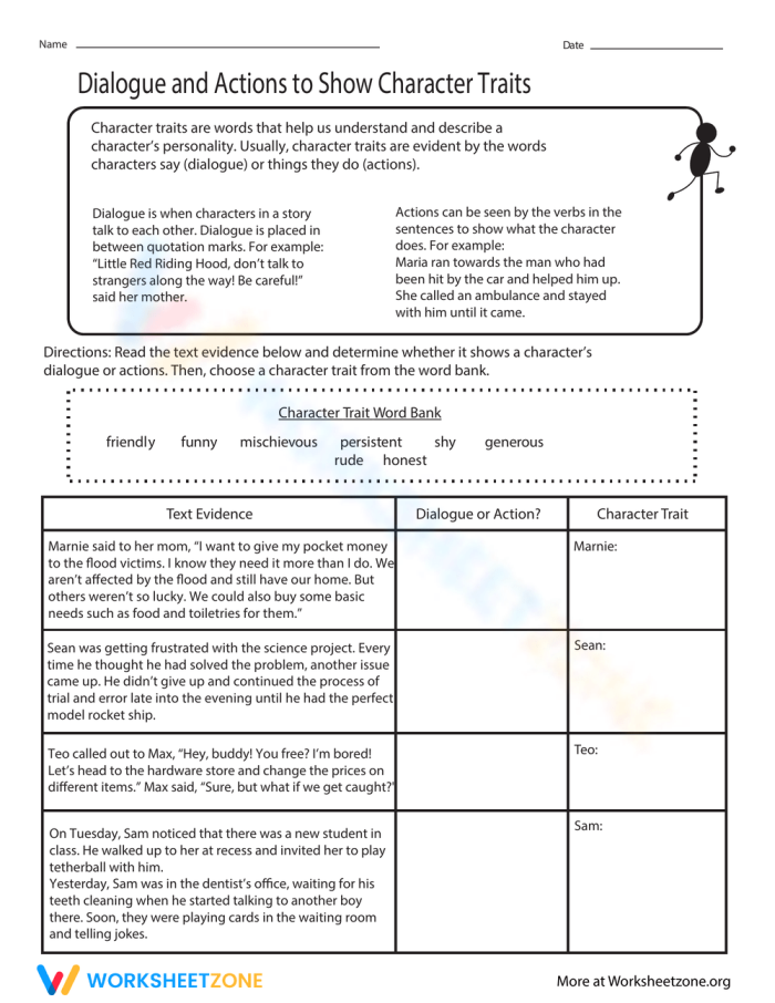 Dialogue and Actions to Show Character Traits Worksheet 20 Fourth grade worksheet featuring writing exercises for identifying character traits through dialogue and actions