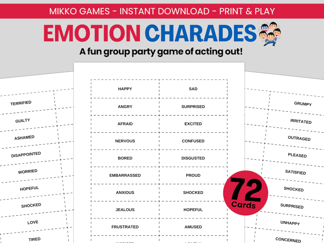 Children engaging in a fun charades game using emotion cards from the Charades with Emotions worksheet. Interactive learning activity designed for Kindergarten students to explore and express feelings.