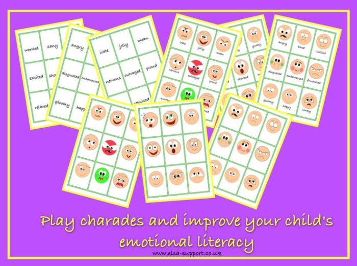 Colorful Charades with Emotions worksheet for kindergarteners focusing on social emotional learning. Engaging activity to help children express and understand feelings.