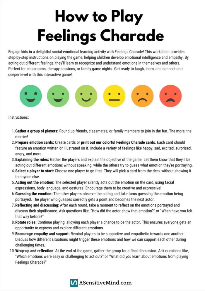 Colorful Charades with Emotions worksheet for kindergarten students