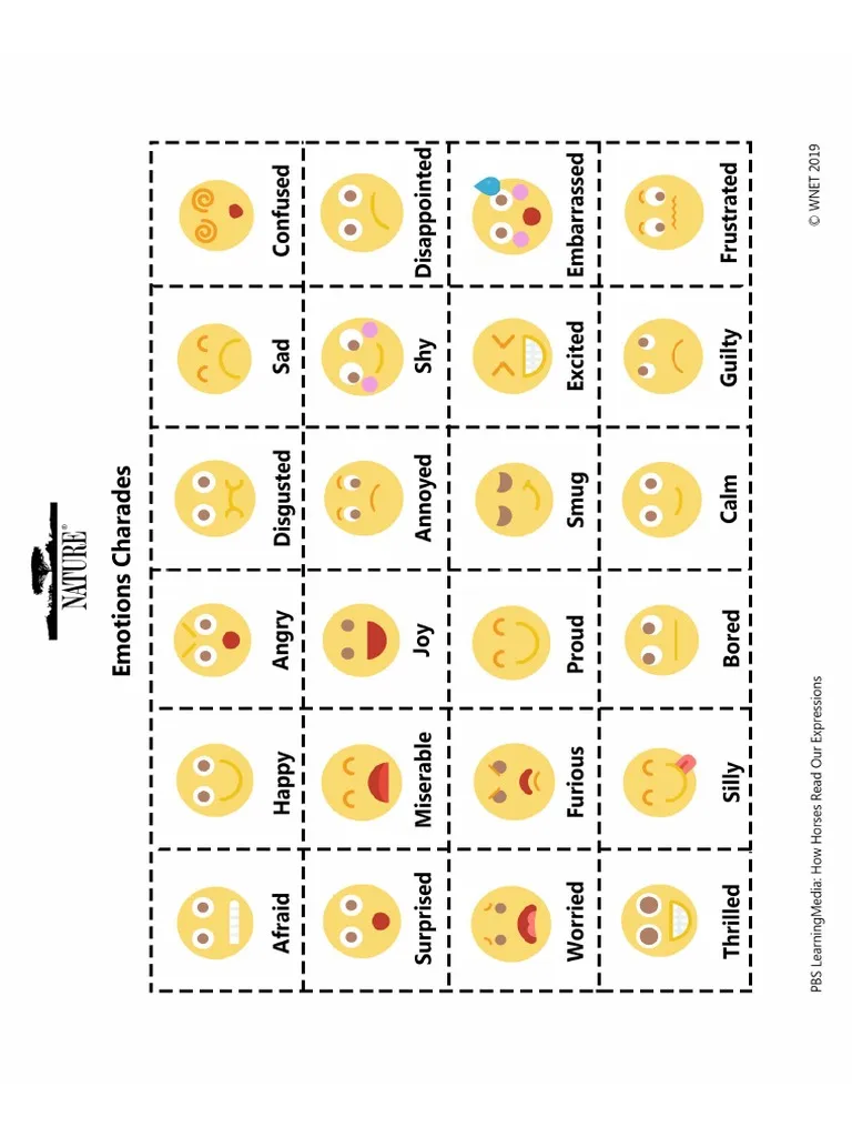 Colorful Charades with Emotions worksheet featuring cut-out cards for kids to play and learn about feelings