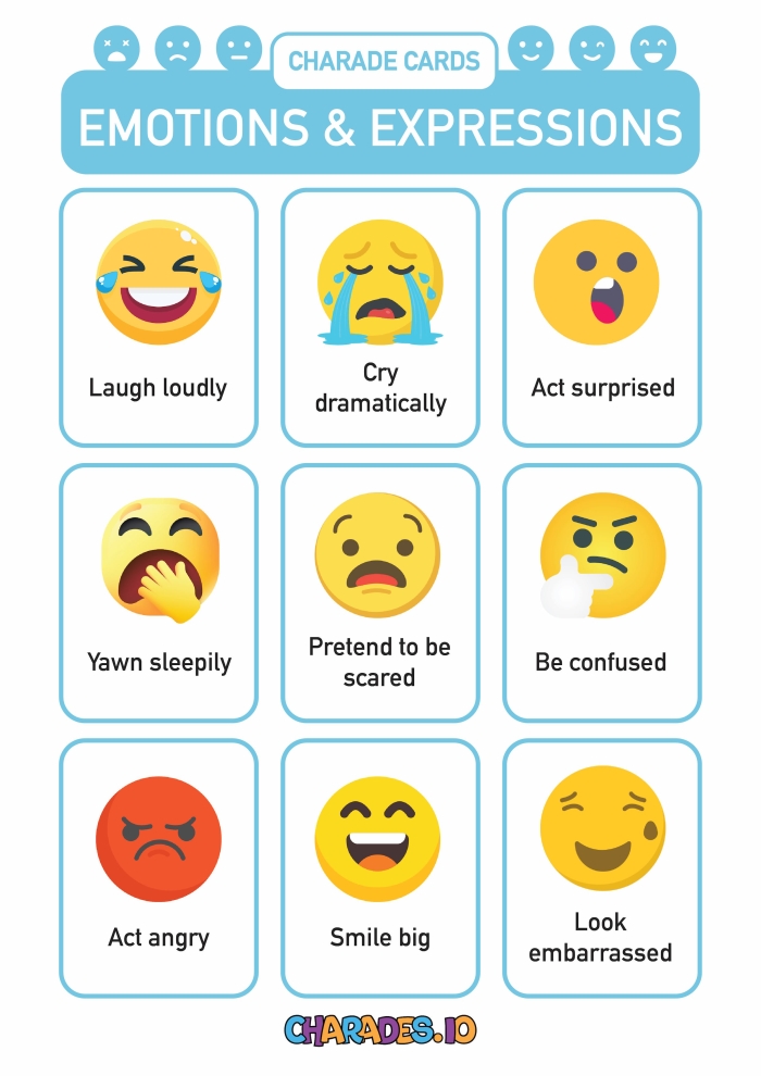 Charades with Emotions worksheet for Kindergarten students to enhance emotional awareness