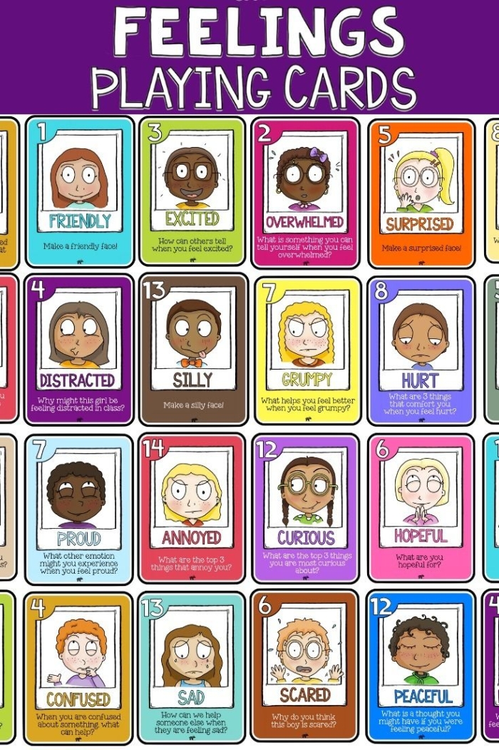 Colorful Charades with Emotions worksheet for kindergarten students, featuring cut-out emotion cards. Engaging activity to promote mindfulness of feelings in young children.