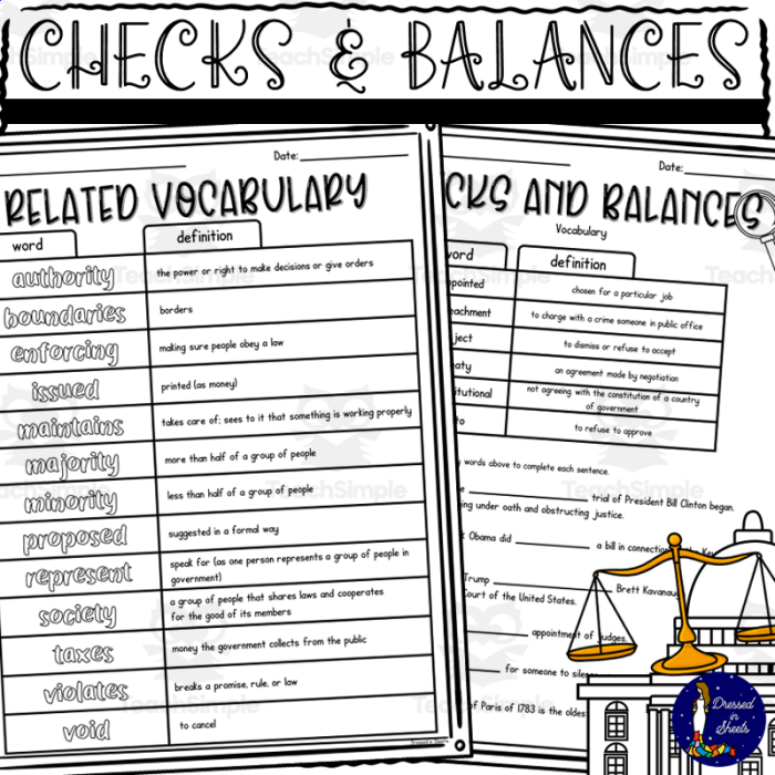 Fourth grade Checks and Balances System worksheet featuring a government terminology word search and quiz