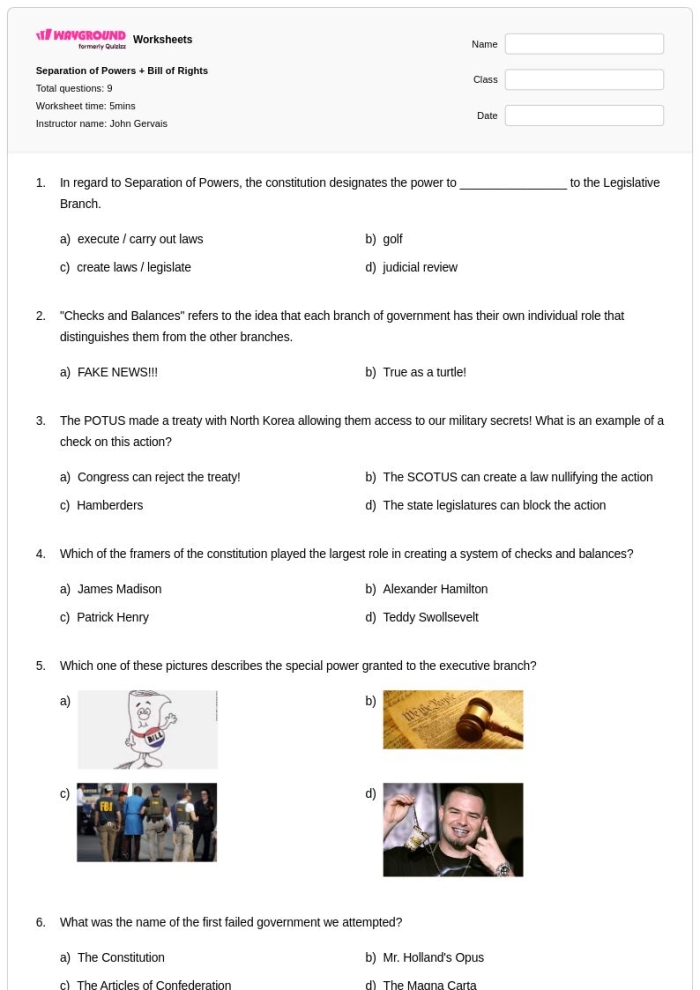 Sixth grade civics worksheet focusing on U.S. government separation of powers and checks and balances