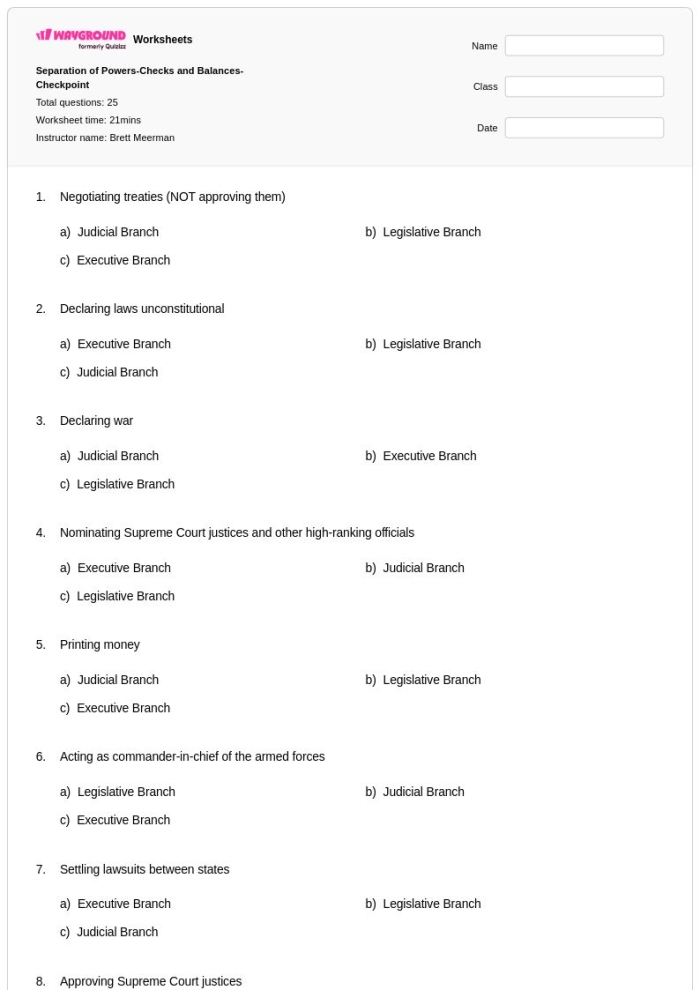 Diagram showing how the legislative executive and judicial branches of government check and balance each other's power