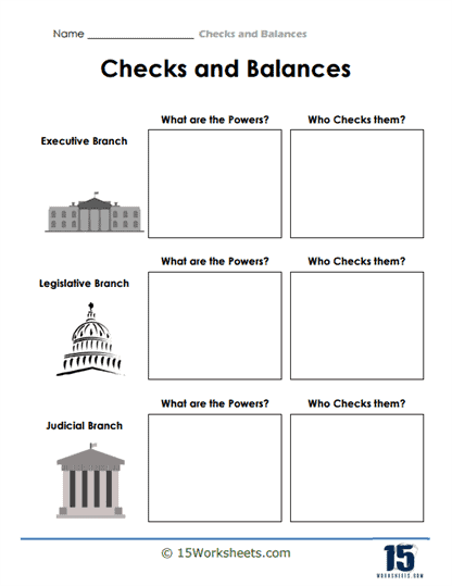 Fourth grade worksheet featuring a word search and quiz to teach the government checks and balances system