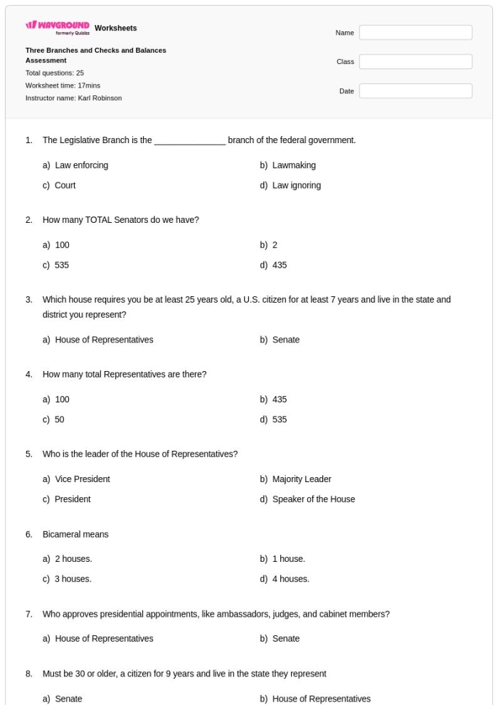 A sixth grade civics worksheet detailing how the three branches of the U.S. government use a system of checks and balances