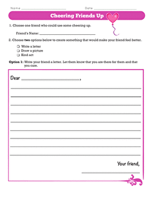 Kind Ways to Make Friends Happy Activity for Young Writers Two second grade students smiling while one hands a handmade card to the other as an act of kindness