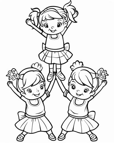 Kindergarten student coloring a fun cheerleading scene on a printable worksheet