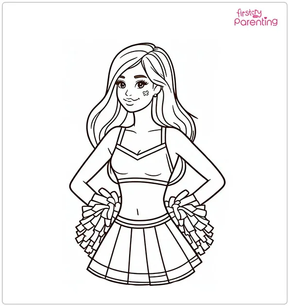Kindergarten student coloring a fun cheerleading scene on a printable worksheet