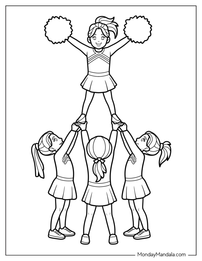 Kindergarten students coloring a fun cheerleading scene for a physical science worksheet