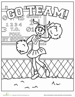 Kindergarten student coloring a fun cheerleading scene worksheet
