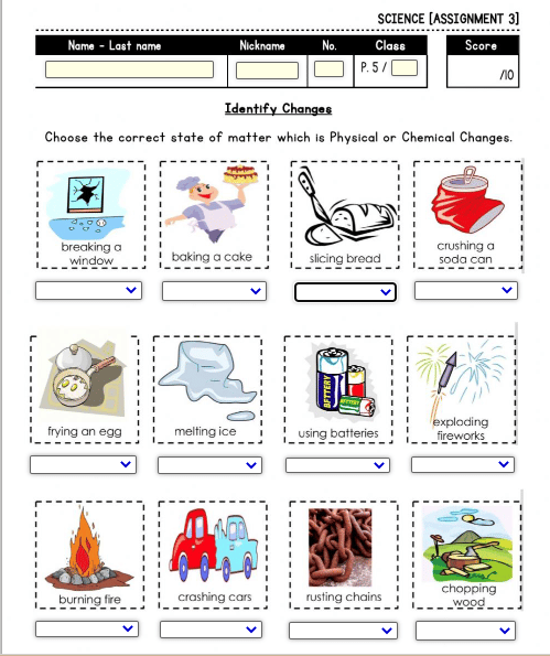 Chemical Vs. Physical Reactions Worksheet for 3rd Grade Science Class 5 Third grade students learning to identify chemical and physical reactions on a science worksheet