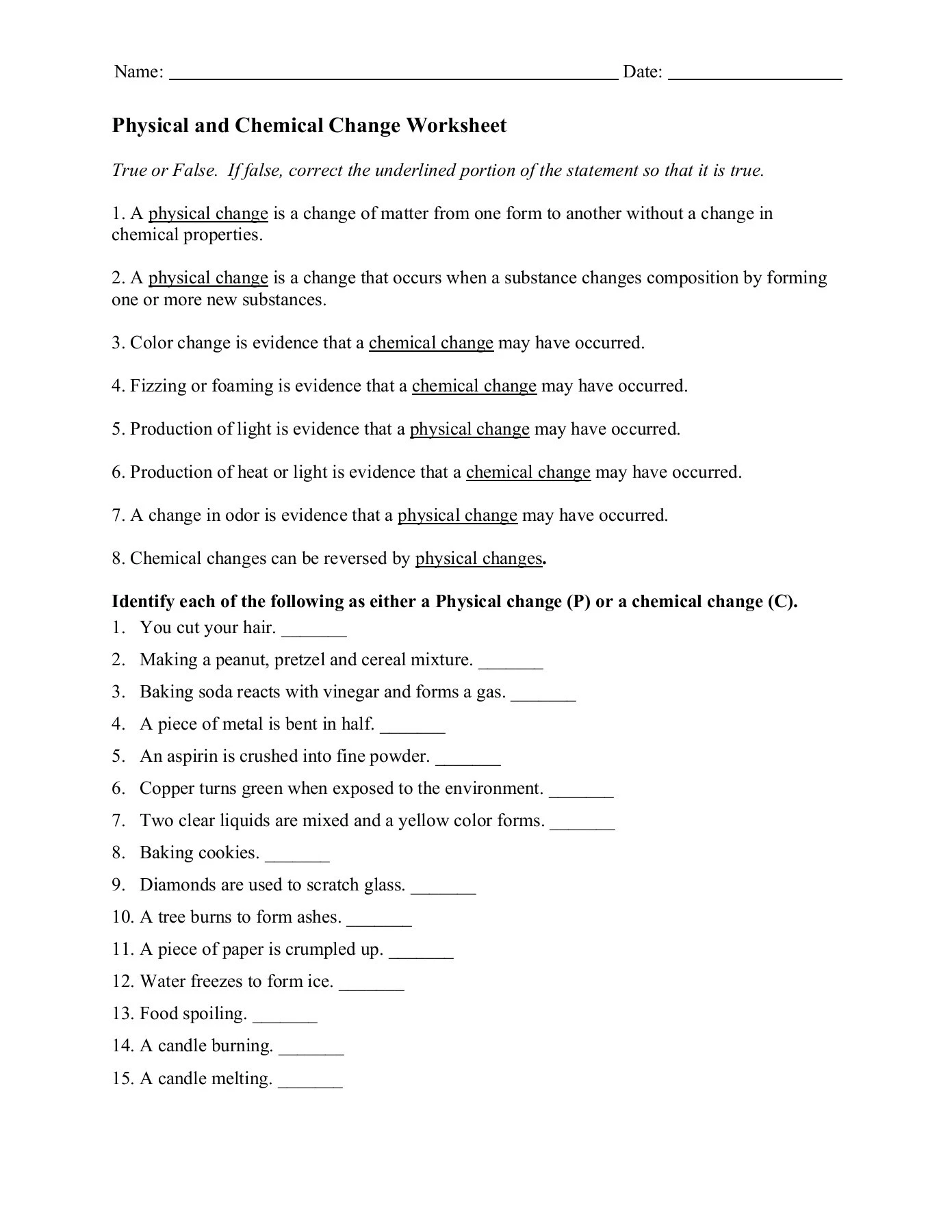 Chemical Versus Physical Reactions Learning Activity for Elementary Students Third grade science worksheet showing examples of chemical and physical reactions for students to identify and compare