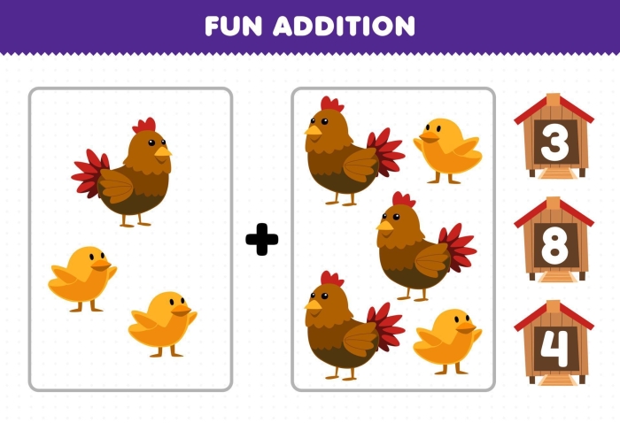 Cute cartoon chickens illustrating addition for preschoolers