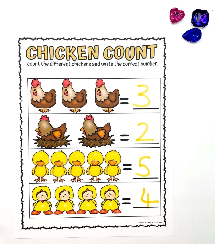 Cute chickens helping preschoolers learn addition concepts