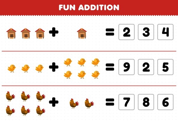 Cute chickens illustrating addition concepts for preschoolers