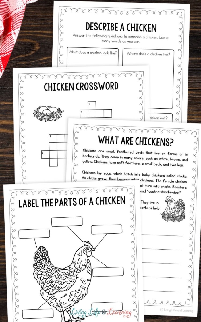Cute cartoon chickens illustrating an addition worksheet for preschoolers