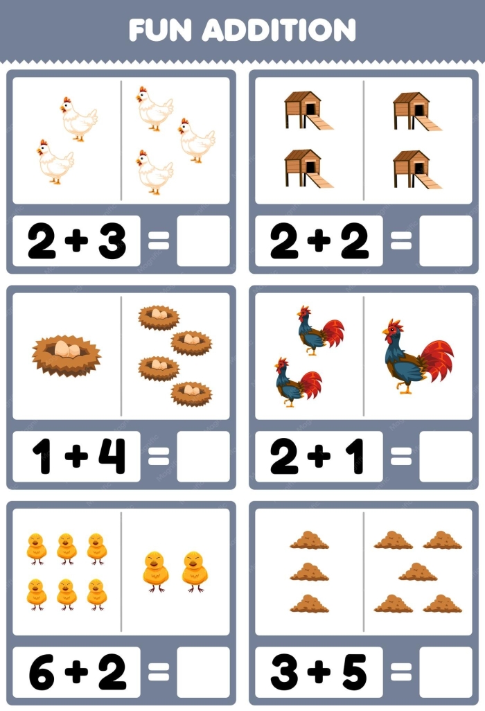 Cute cartoon chickens for preschool addition practice