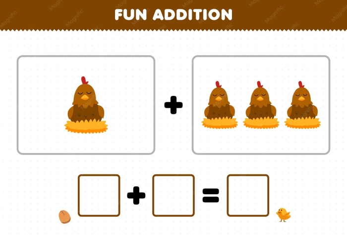 Cute cartoon chickens providing a visual guide for preschool addition practice