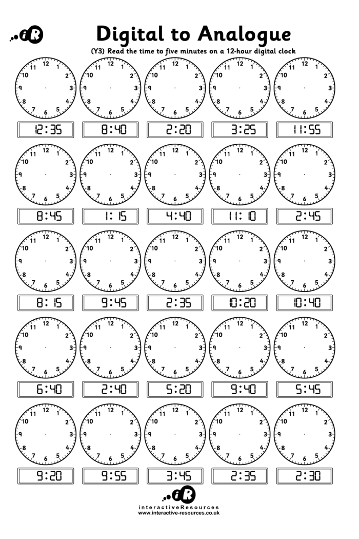 Children's worksheet for practicing telling time by drawing clock hands to match specified times