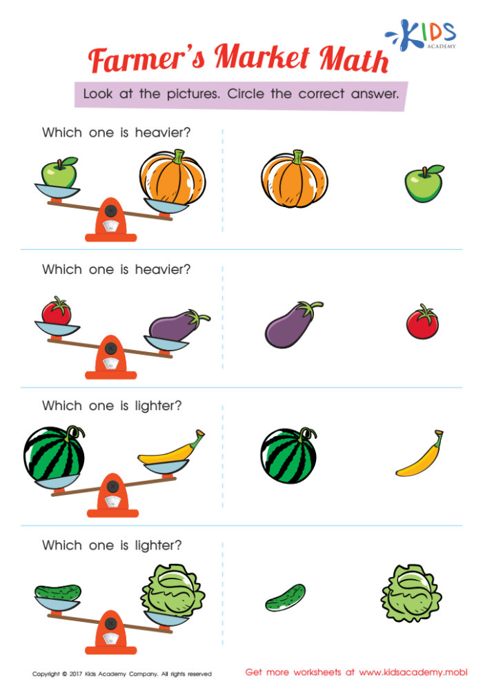 Children's worksheet titled "Which Is Heavier?" for measuring object weights