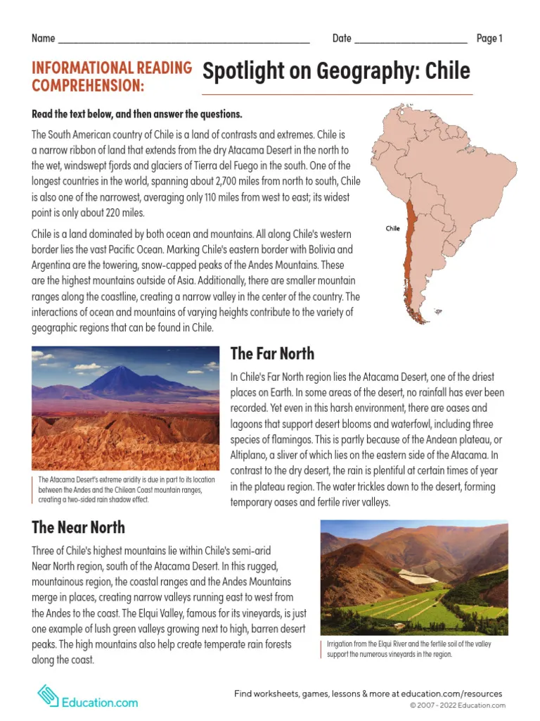 Informational reading comprehension worksheet focusing on the geography of Chile for sixth graders