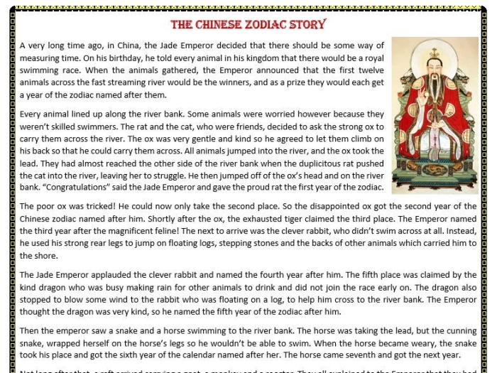 Second grade reading worksheet about the Chinese Zodiac folktale origin story