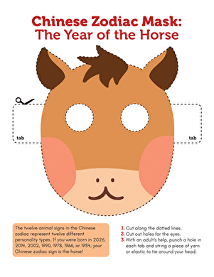 Colorful Chinese zodiac mask representing the Year of the Horse for preschoolers