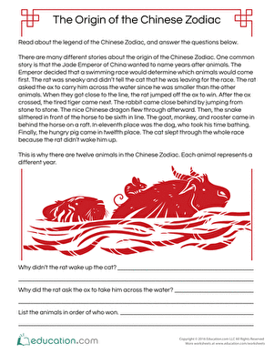 A colorful illustration showing the twelve animals of the Chinese Zodiac gathered together for a race, depicting a traditional folktale scene for second grade reading comprehension