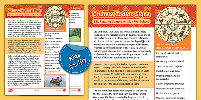 Second grade reading comprehension worksheet about the origin of the Chinese Zodiac featuring animal illustrations