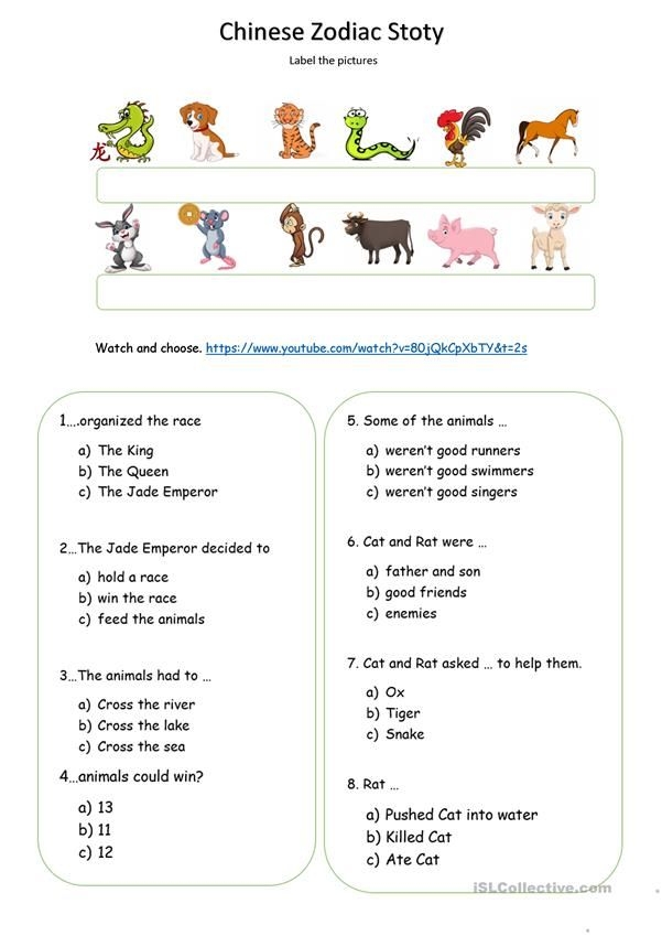 Illustration of twelve Chinese zodiac animals gathered together for a folktale story about their origins for second grade reading comprehension
