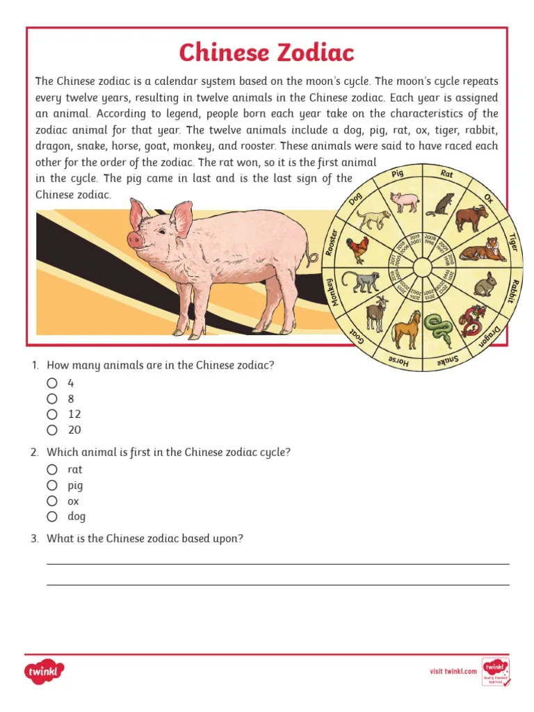 A second grade reading comprehension worksheet about the origin of the Chinese Zodiac animals.