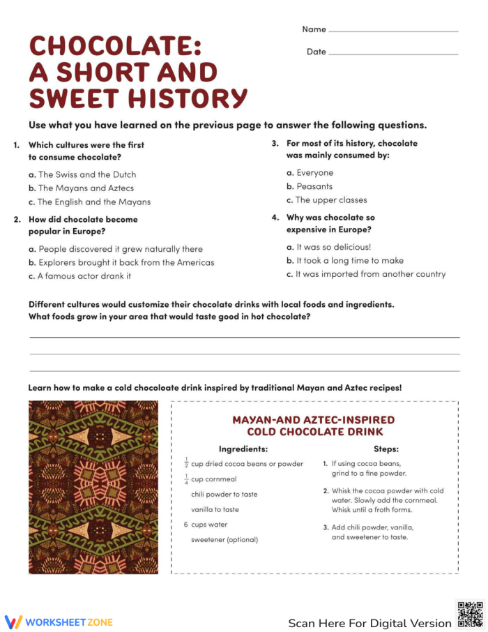 A colorful worksheet illustrating the history of chocolate for fourth graders