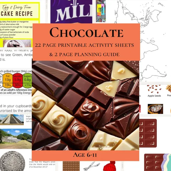 A colorful worksheet illustrating the history of chocolate for fourth graders learning about decimals