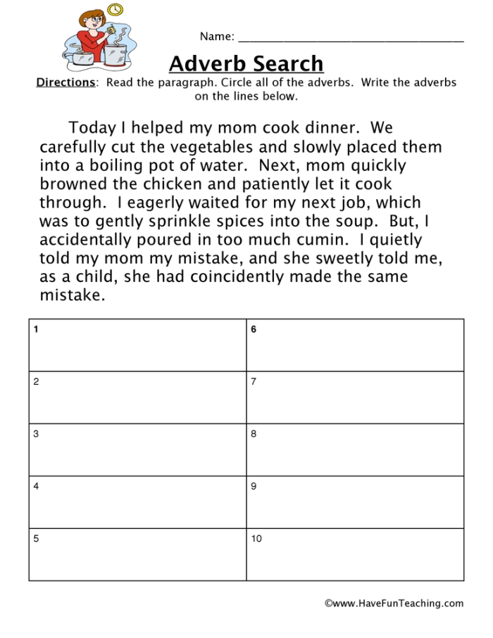 Second grade grammar worksheet showing 10 sentences where students circle adverbs to practice identifying action modifiers