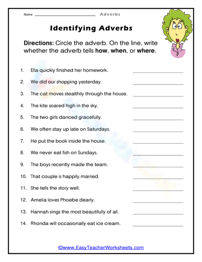 Second grade students circling adverbs in sentences on a grammar practice worksheet