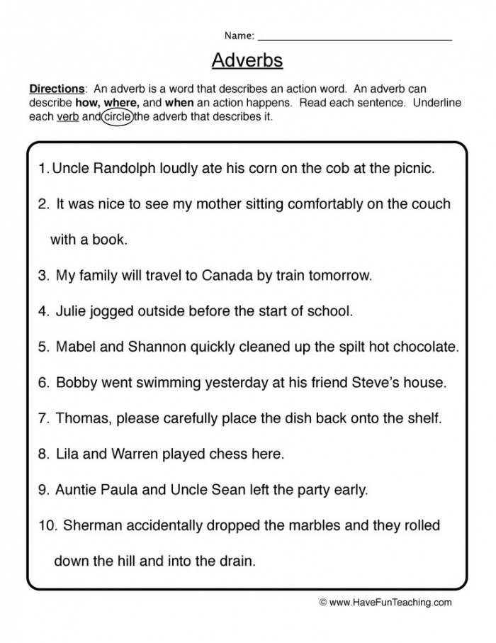 Second grade students circling adverbs in sentences on a grammar practice worksheet with playful illustrations